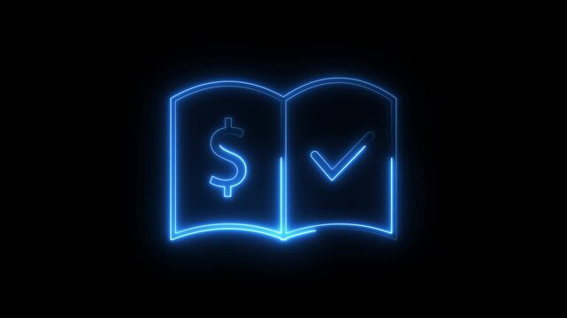 Neon blue outline of open book with dollar sign and checkmark symbol on black background.