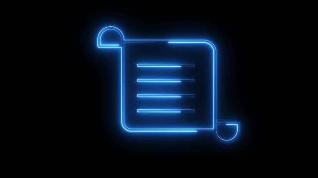 Neon document icon glowing in blue light for business data reports or digital education.