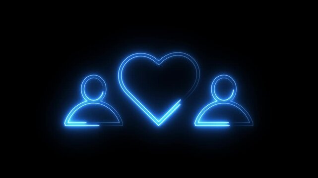 Neon blue heart symbol glowing between two human silhouettes in dynamic animation footage.