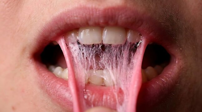 Close-up of a person stretching pink chewing gum with teeth and lips