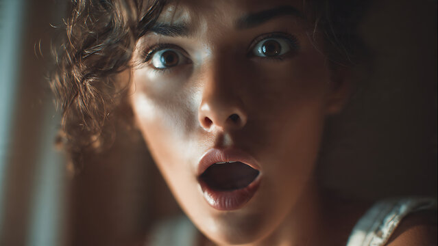 Close up portrait of a young woman with a shocked and surprised facial expression.