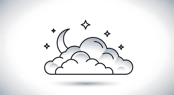 Minimalist line art icon of night sky with clouds moon and stars
