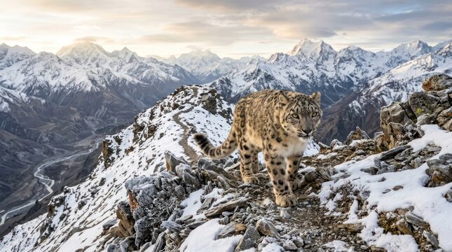 Snow leopard walking on snowy mountain peak