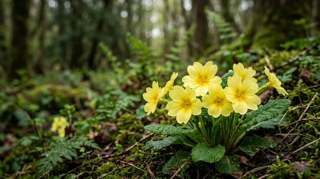 Yellow primrose flowers blooming in a lush green forest with moss and ferns.
