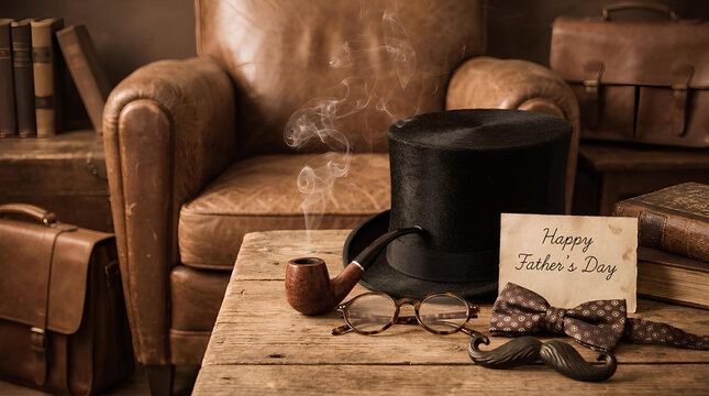 Father's Day still life with hat and pipe.