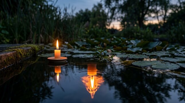 Candle flame reflected in dark water at dusk surrounded by nature.