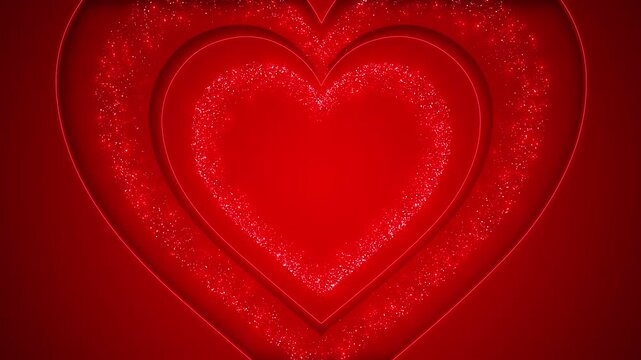 Layered red hearts surround a glittering center heart, forming a bold romantic composition with sparkling dust, gentle glow, and vivid crimson depth for Valentine greetings, weddings, and love themes.