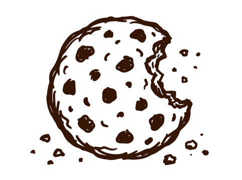 Hand-drawn chocolate chip cookie sticker with bite mark and crumbs, sweet dessert snack illustration for digital planner or journal decor