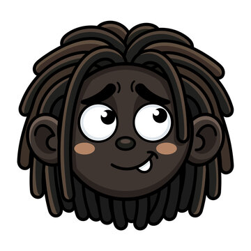 Cute cartoon boy with dreadlocks sticker, smiling African American character face vector illustration