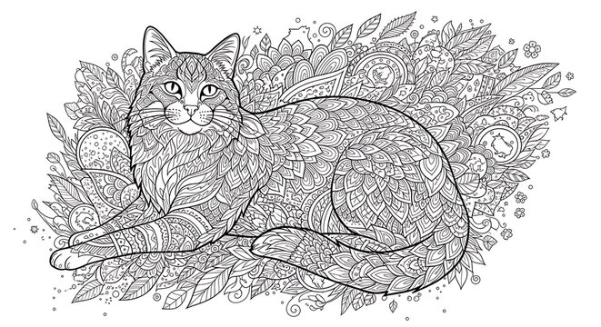 Intricate cat coloring page with floral doodle patterns