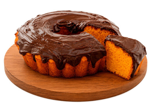 Bolo de cenoura com cobertura de chocolate, parcialmente fatiado, sobre prato de madeira.