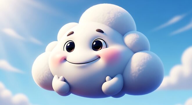 Cute smiling cloud character floating in a bright blue sky