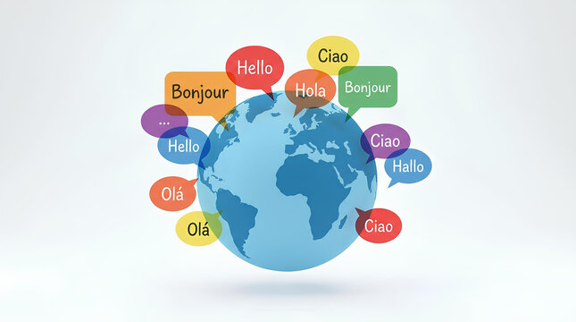 Globe surrounded by hello in different languages.