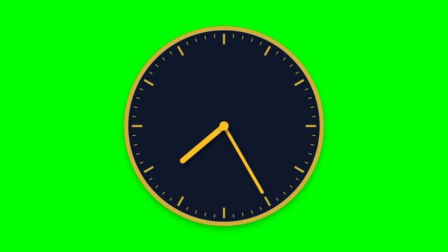 Minimalist analog wall clock showing time on a bright green screen background chroma