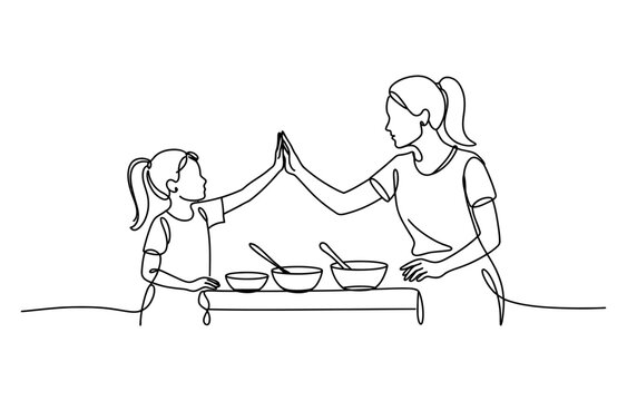 Continuous single line drawing of a mother and daughter giving high five while cooking together in the kitchen