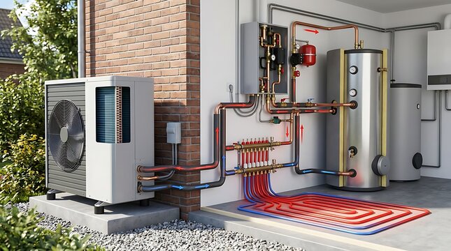 Air Source Heat Pump System with Underfloor Heating and Hot Water Storage Tank for Sustainable Home