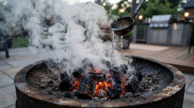 Outdoor fire pit with smoke rising and ladle pouring liquid.