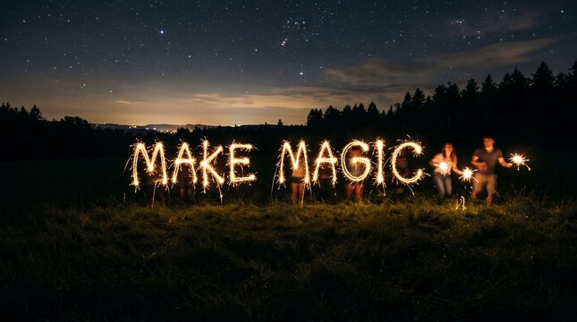 People create the words Make Magic with light painting at night in a field.