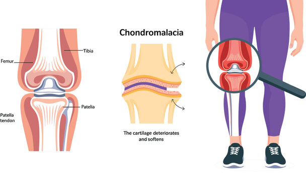 Chondromalacia Patella Anatomy Diagram Showing Knee Cartilage Softening, Patellofemoral Joint Degeneration, and Anterior Knee Pain for Orthopedic Medical Education