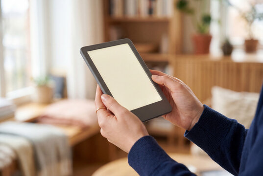 Hands holding an electronic reader device with a blank screen in a bright living room