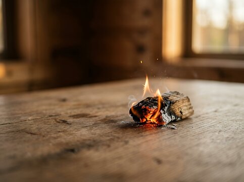 Small piece of wood burning with flames on a wooden surface.