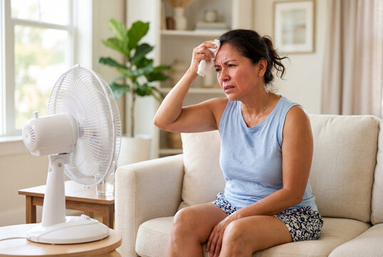 Middle aged woman experiencing a hot flash sitting on a couch near a cooling electric fan