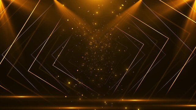 Golden geometric frames recede through a dark tunnel filled with particles, warm beams, and angular outlines, creating cinematic depth for luxury events, 19, titles, and elegant presentations.