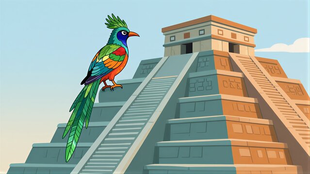 Vibrant quetzal perches atop ancient pyramid stairs under clear blue sky.