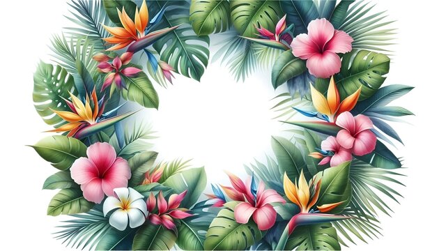 Fresh Exotic Jungle Background with Copy Space Menu Border Made of Tropical Leaves & Flowers. Watercolor For Summer Vibes Greeting Cards Posters Banners Placards Cafe Coffee Shop Hawaii Bar Restaurant