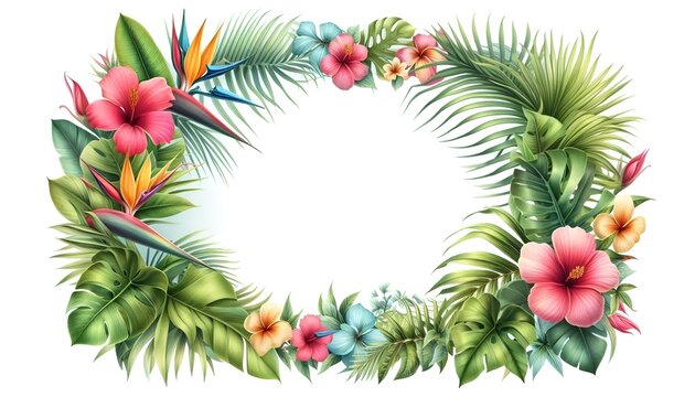 Fresh Exotic Jungle Background with Copy Space Menu Border Made of Tropical Leaves & Flowers. Watercolor For Summer Vibes Greeting Cards Posters Banners Placards Cafe Coffee Shop Hawaii Bar Restaurant