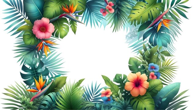 Fresh Exotic Jungle Background with Copy Space Menu Border Made of Tropical Leaves & Flowers. Watercolor For Summer Vibes Greeting Cards Posters Banners Placards Cafe Coffee Shop Hawaii Bar Restaurant