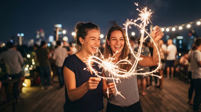 Two happy women celebrating with sparklers at night party.