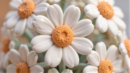 Obraz premium Cute ceramic daisies with orange centers, soft focus background.