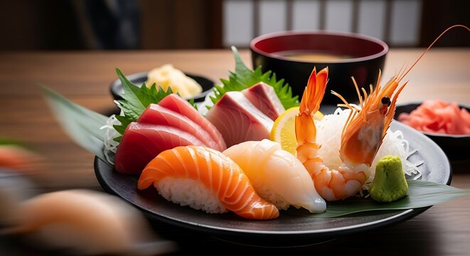 Fresh japanese sushi and sashimi platter with shrimp