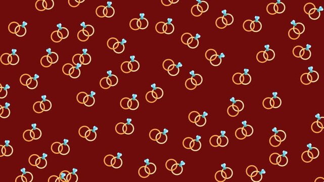 Seamless Valentine pattern with gold engagement rings and diamonds on red background