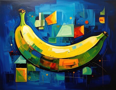 Abstract colorful oil painting of a single yellow banana.