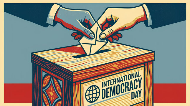 Hands casting ballots for International Democracy Day illustration.