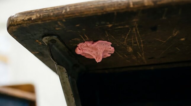 Pink chewed gum stuck under old wooden school desk