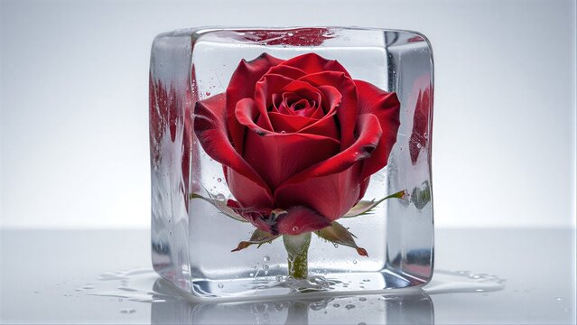 A red rose frozen in a transparent ice cube, symbolizing preserved beauty.