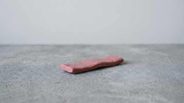 Pink strip of modeling clay on a gray textured concrete surface in a minimalist studio setting.