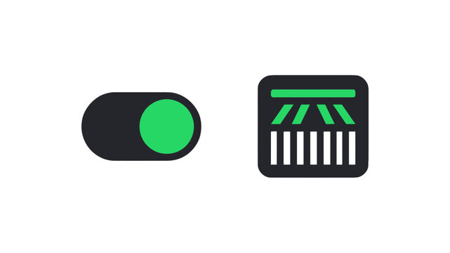 Flat vector graphics of a digital on switch and a barcode scanning system with green light