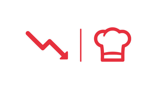 Culinary industry decline with red downward trend arrow and chef hat icon illustration