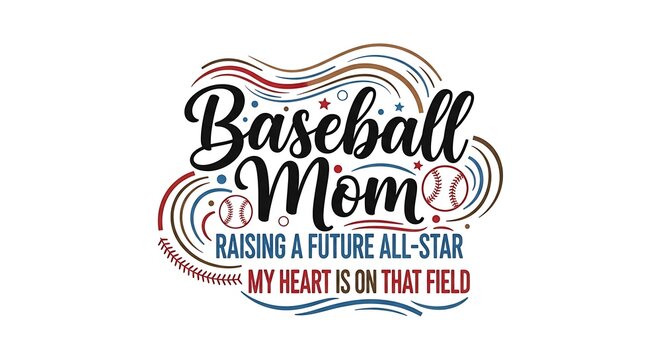 Decorative Baseball Mom Lettering Design with Ball Graphics on White Background