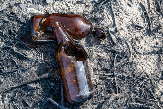 A vintage brown stubby beer bottle and a tall-neck bottle, both broken and melted, lying on a charred ground from the remnants of a forest fire. The black burnt ash and charred material.