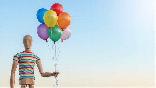 Wooden mannequin holds colorful balloons against a clear blue sky.