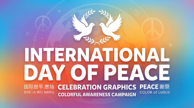 International Day of Peace banner with doves.