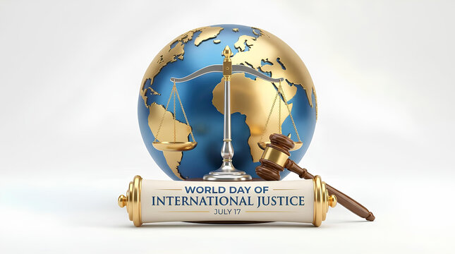 International Justice Day concept with globe scales and gavel.