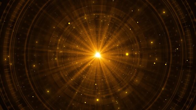 A radiant golden core shines through concentric rings, segmented arcs, and floating particles, creating a sleek future circular tunnel with symmetry for 19, energy, sciences, and film reveals.