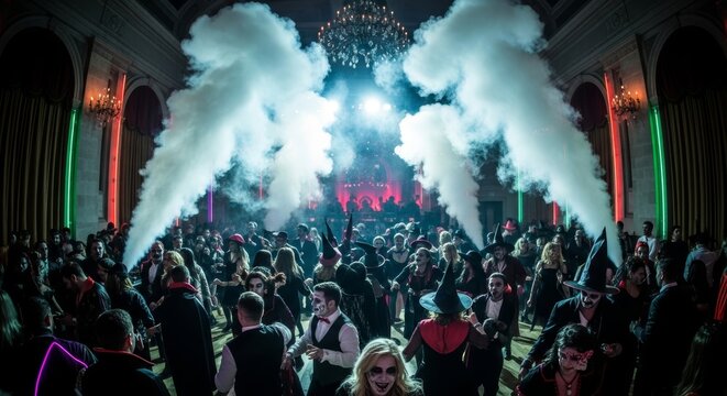 A lively Halloween party scene with a large crowd in costumes. Smoke machines create an eerie atmosphere. Colorful lights illuminate the room.