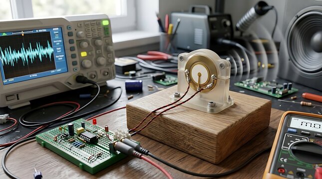 Electronic workbench with digital oscilloscope displaying signal and piezoelectric transducer test